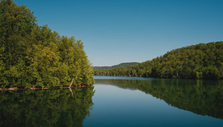 Beautiful summer landscape with lake and forest on the background. Panoramaの素材