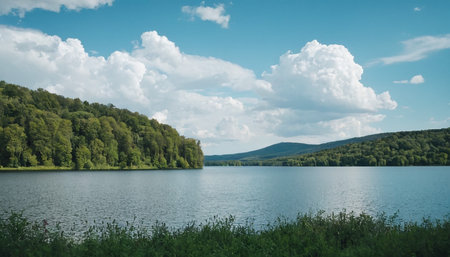 Beautiful summer landscape with lake and forest in the background. Panorama.の素材