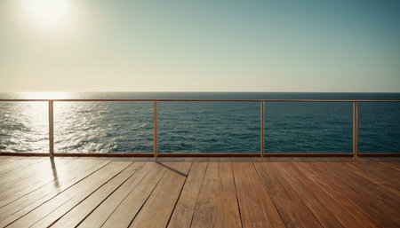 Wooden deck on the background of the sea and the sky.の素材