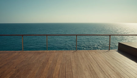 Wooden deck on the background of the sea and the sky.の素材