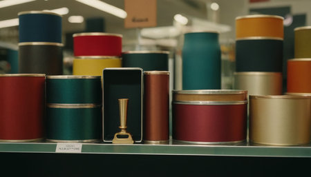 Colored spools of thread on a shelf in a store.の素材