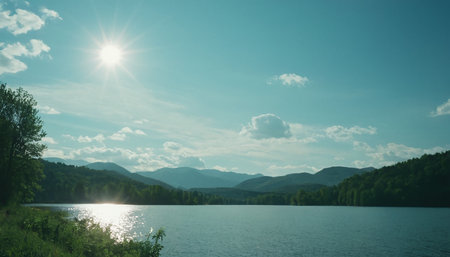 Beautiful summer landscape with lake, mountains and blue sky with cloudsの素材