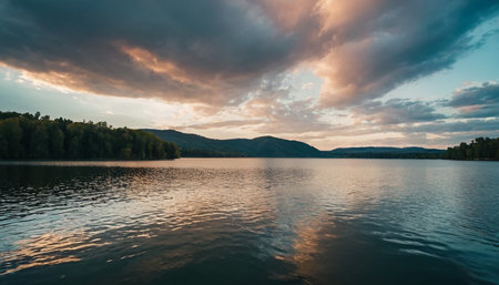 Beautiful summer landscape with lake, forest and mountains in the backgroundの素材