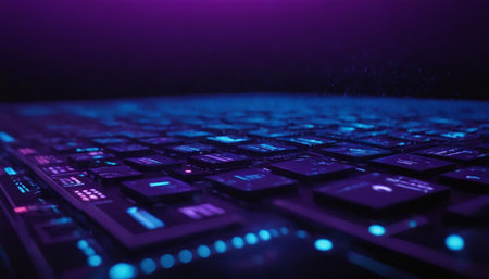 Computer keyboard with blue and purple lights. 3d render illustration.の素材