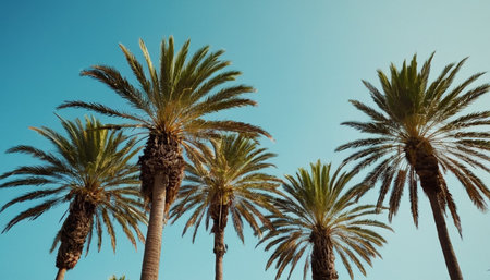 Palm trees on blue sky background. Vintage style toned pictureの素材