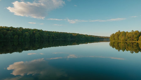 Landscape with lake and forest in the morning. Beautiful summer landscape.の素材