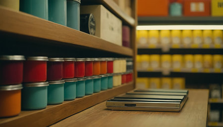 Colorful cans of paint on a wooden shelf in a store or shopの素材