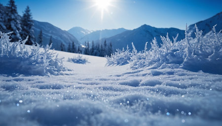 Beautiful winter landscape with snow covered trees and blue sky with sunの素材