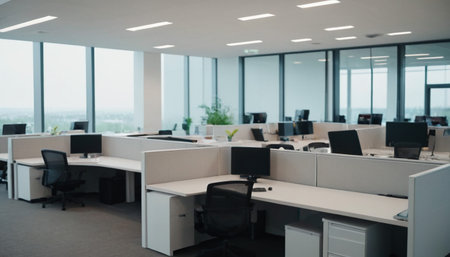Modern office interior with rows of computer tables and chairs. Blurred backgroundの素材