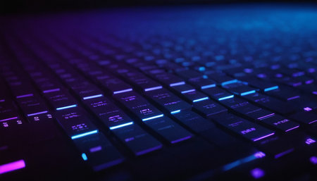 Close-up of a laptop keyboard with blue and pink neon lightsの素材