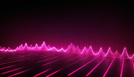 3d render, abstract background with neon lines, waves and bokehの素材