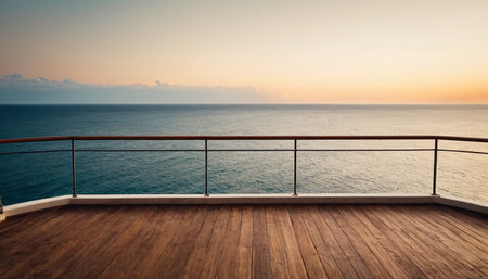 Balcony overlooking the sea at sunset. View from the deck of a cruise ship.の素材
