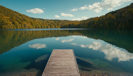 Wooden pier on the lake in autumn forest with reflection of treesの素材