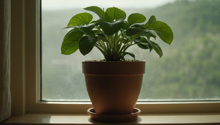 Houseplant in a clay pot on the windowsill. Selective focus.の素材