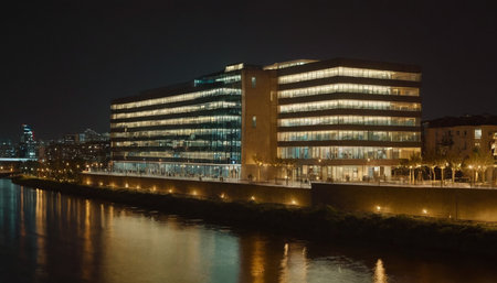 Modern office buildings on the bank of the river in the night.の素材