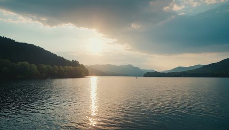 Sunset on the lake. Beautiful summer landscape with lake and mountainsの素材
