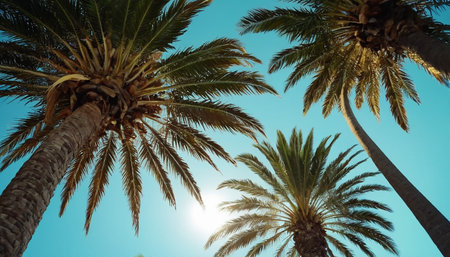 Palm trees on a background of blue sky and sun. Tropical background.の素材