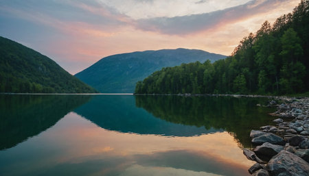 Sunset on the mountain lake in Altai Republic, Russia.の素材