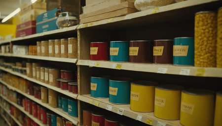 Canned food on shelves in a supermarket, shallow depth of fieldの素材