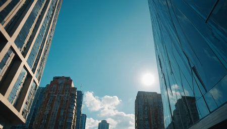 low angle view of modern skyscrapers in business district with blue skyの素材