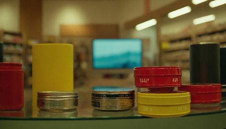 Close-up of colorful paint cans on shelf in art shop.の素材