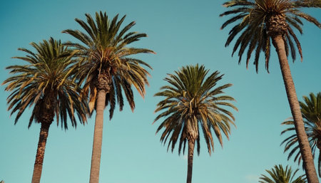 Palm trees on blue sky background. Retro style toned pictureの素材