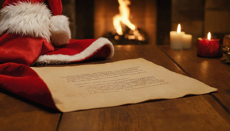 Christmas letter with Santa Claus hat on a wooden table in front of a fireplaceの素材