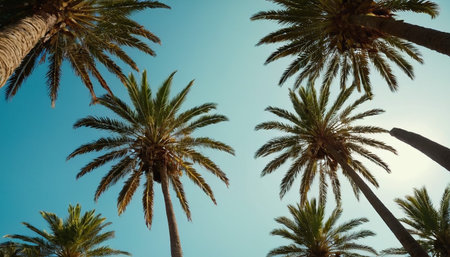 Palm trees on blue sky background. Top view. Copy space.の素材