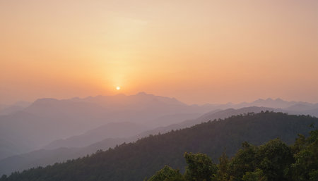 Mountain and sunset at Doi Mae Salong, Chiang Rai, Thailandの素材