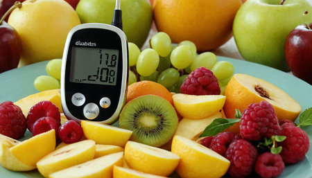 Glucose meter with result of measurement sugar level and fresh fruits, closeupの素材