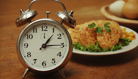 Alarm clock and fried meatballs with vegetables on wooden table.の素材