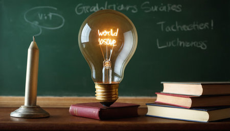 Light bulb on a desk with books and chalkboard background, Education conceptの素材