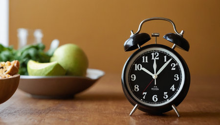 Alarm clock and fruit on wooden table. Healthy lifestyle concept.の素材
