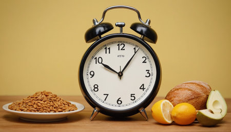 Alarm clock and nuts on a wooden table with yellow background.の素材