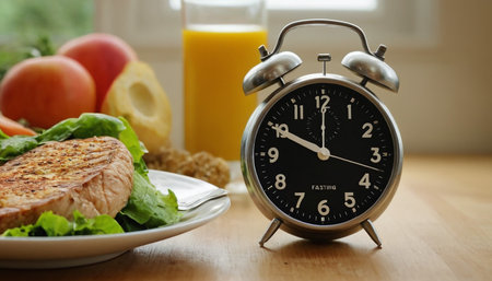 Alarm clock and a plate of fresh vegetables on a wooden tableの素材