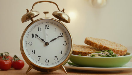 Vintage alarm clock and sandwich on wooden table in morning time.の素材