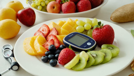 Glucose meter with fresh fruits and berries on plate, closeupの素材