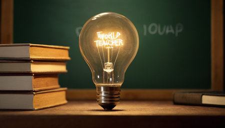 Incandescent light bulb on a desk with books and chalkboard backgroundの素材