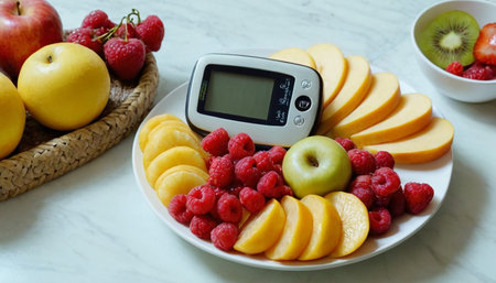 Glucose meter with fresh fruits and berries on white marble tableの素材