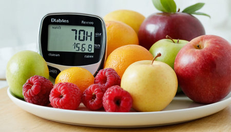 Glucose meter with fresh fruit, concept of diabetes and healthy nutritionの素材