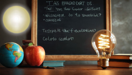 Glowing light bulb on the background of a blackboard with school suppliesの素材