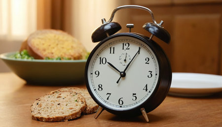 Alarm clock and bread on a wooden table in the kitchen.の素材