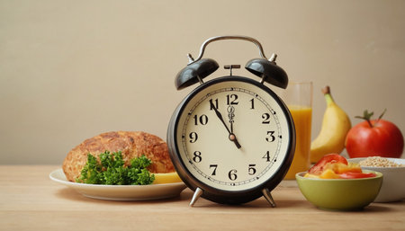 Alarm clock and healthy food on wooden table with copy space.の素材