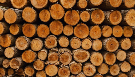 Stacked firewood in the forest as a background. Close-up.の素材