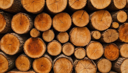 Wooden logs stacked in a pile as a background, top viewの素材