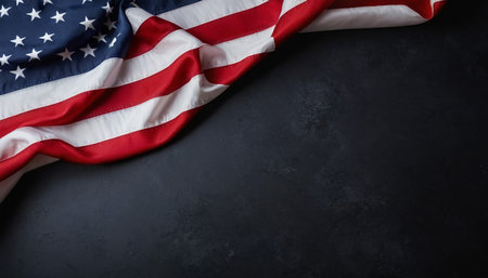 American flag on black stone background. Top view with copy space.の素材