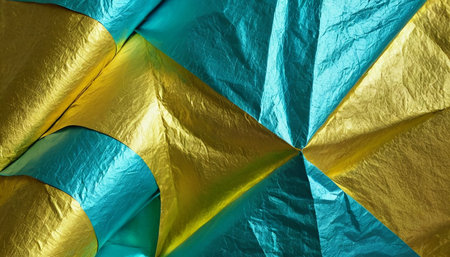 Crumpled golden and blue paper as background, closeup of photoの素材