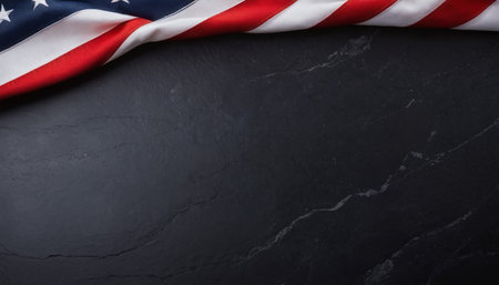 American flag on black stone background. Top view with copy space.の素材