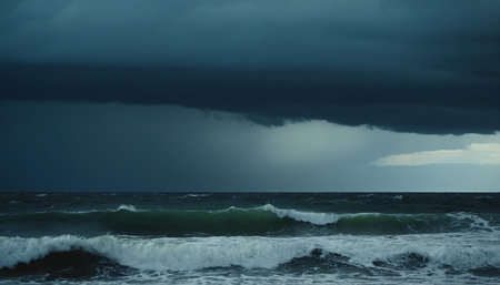 Stormy sea with stormy sky and dark clouds. Dramatic seascape.の素材