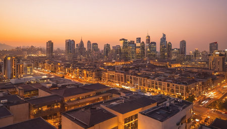 Panoramic view of the city of Shanghai at sunset, Chinaの素材